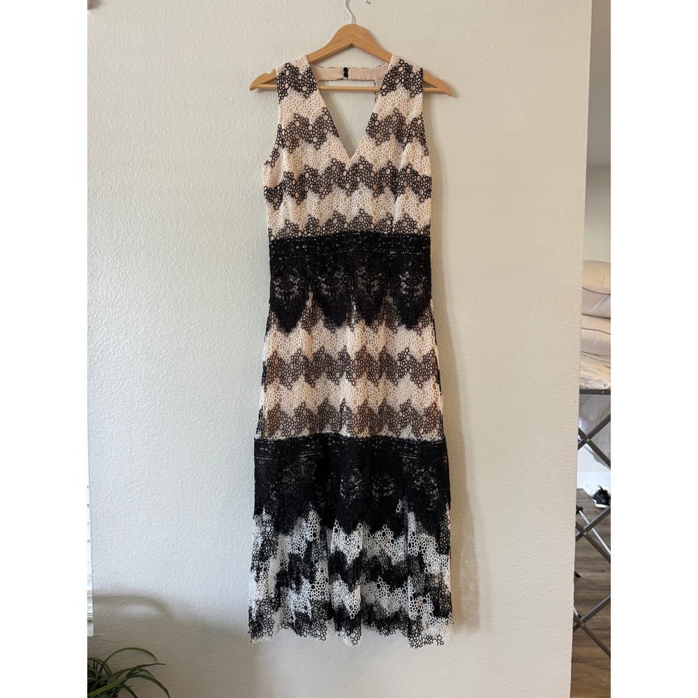 Anthro Foxiedox Geometric Lace Midi Dress Sleeveless V-Neck Black White SZ Small